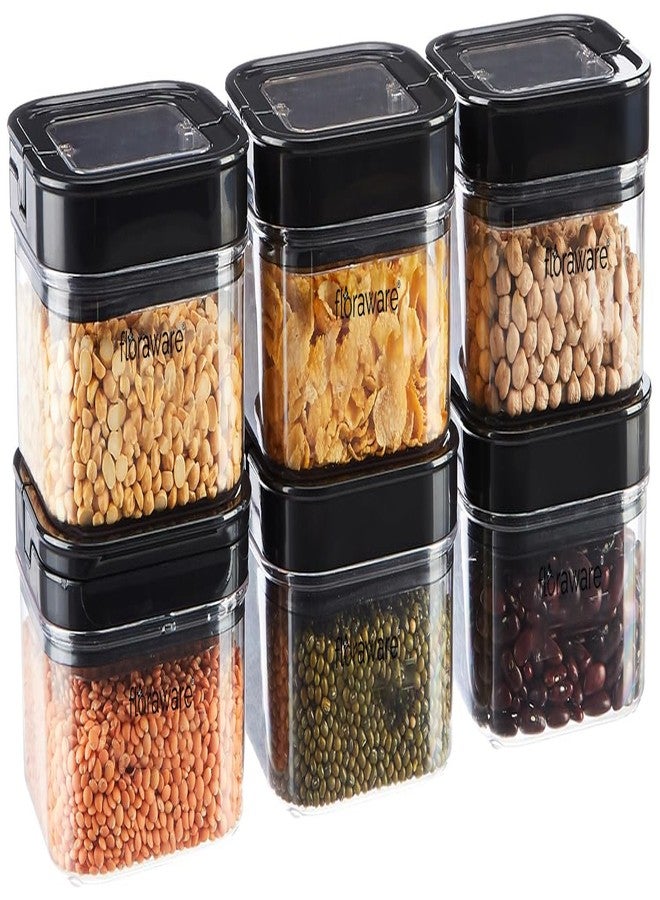 Floraware Food Safe Plastic Multiuse Square Lock & Lock Airtight Container,Multipurpose Jar, Grocery Container 450ml, Set 6, BPA Free, Black - Image 1